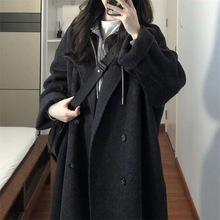 跨境黑灰色感双面羊绒大衣女5秋冬季新韩系中长羊毛呢外套有