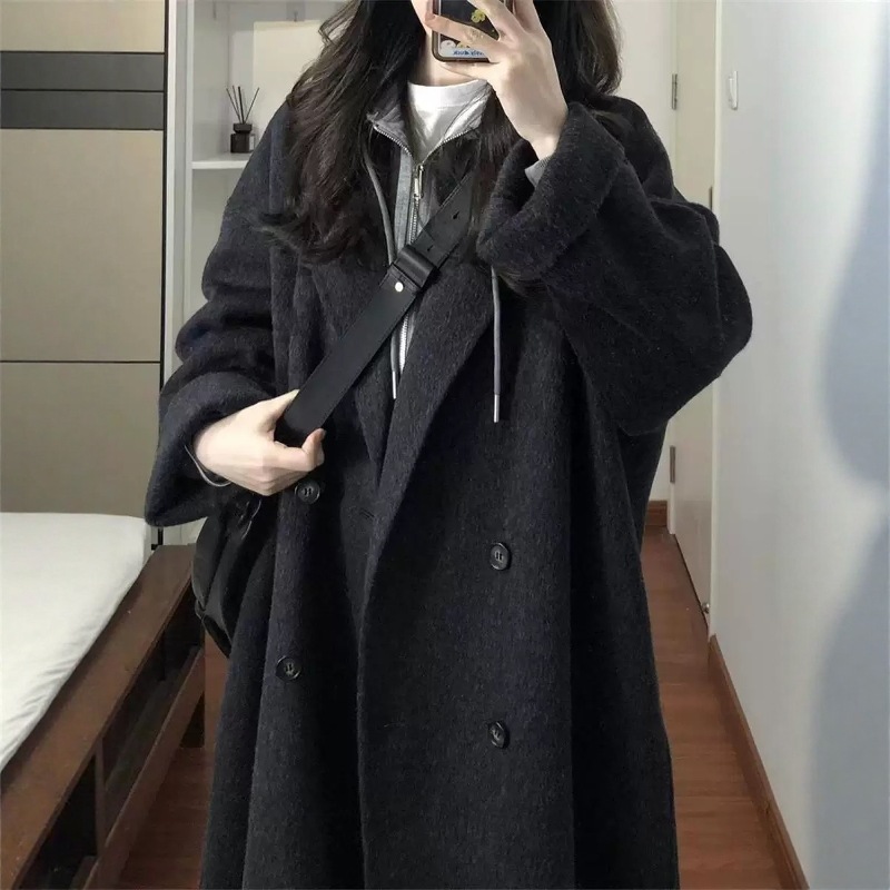跨境黑灰色感双面羊绒大衣女5秋冬季新韩系中长羊毛呢外套有