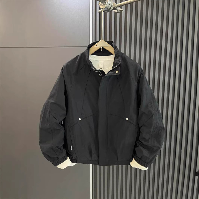Spring New Style Workwear Windproof Jacket for Men, Solid Color Stand-Up Collar Top, Versatile Loose Fit Casual Outerwear for Young People