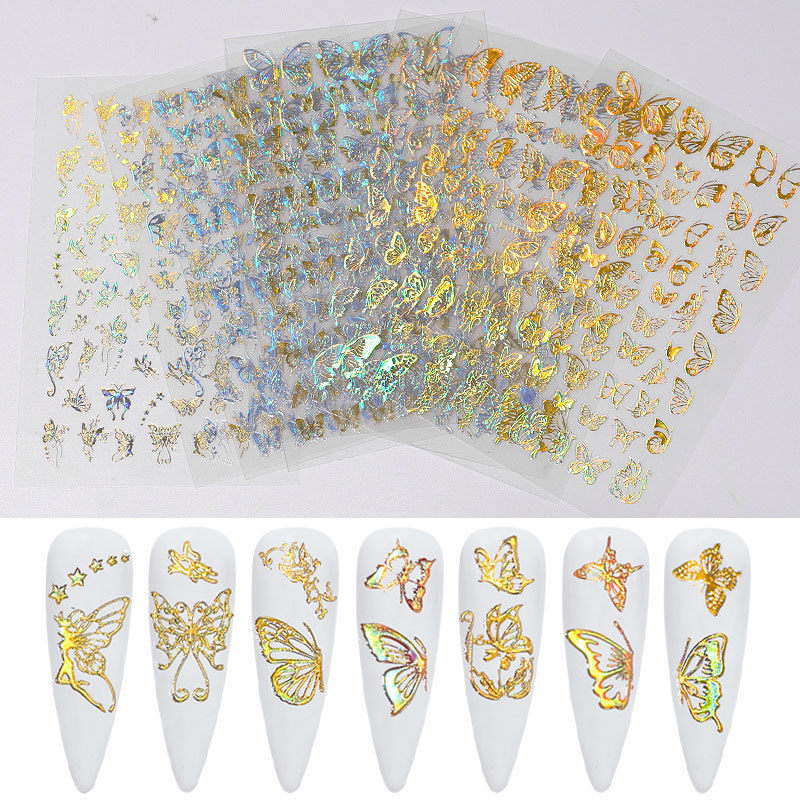 Cross-border Hot Nail Art Thin Butterfly Sticker Bronzing Gold and Silver Laser Butterfly Adhesive Self-adhesive Nail Decorative Decal