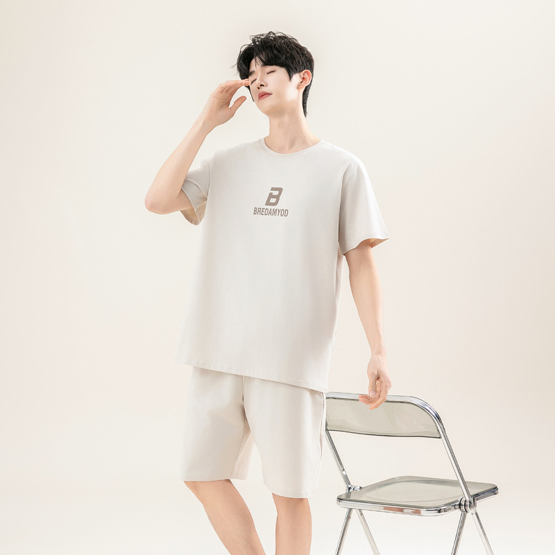 Men's Summer Thin Cotton Pajamas with Short Sleeves and Five-Point Pants, Cool and Skin-Friendly, Suitable for Outdoor Wear, Pure Cotton Summer Sports Loungewear