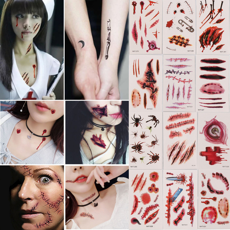 Horror and Funny Halloween Tattoo Stickers, Scratch Marks, Bite Marks, Fake Wound Stitches, Scars, Zombie Vampire Scar Stickers