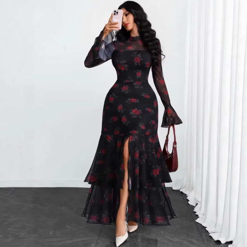 European and American Cross-Border New Spring and Autumn Foreign Trade Sexy and Elegant Half-High Collar Slim Fit Slit Party Dress Long Dress