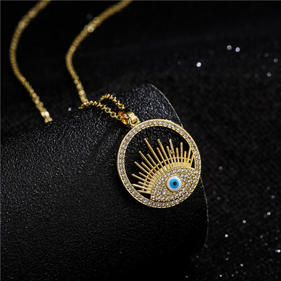 WISH selling micro copper inlay zircon disc evil eye pendant necklace female of gold plating color preserving