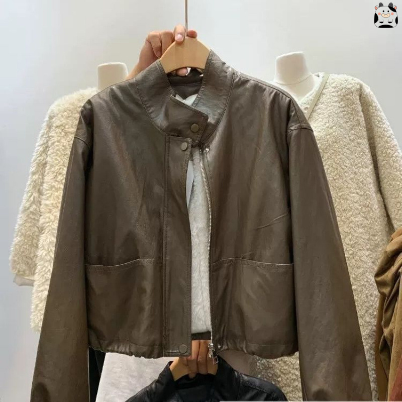 Korean Style Stand-Up Collar Plus Plush Lining Leather Jacket for Women Winter Handsome Drawstring Waist Motorcycle Jacket Thickeneded Warm Jacket