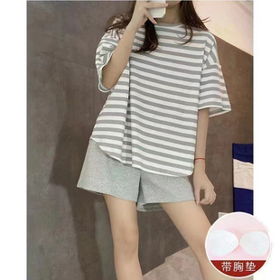 Ins Internet Popular Korean Style Simple Pajamas Women's Summer Short-sleeved Chest Pad Casual Striped suit Cross-border Amazon Home Clothes