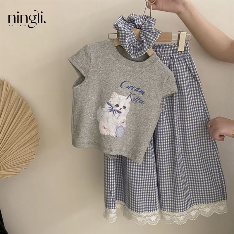 Girls' Summer Outfit Set: New Summer Children's Clothing for Girls, Printed Short Sleeve Top and Plaid Wide-Leg Pants Two-Piece Set Girls' Summer Outfit Set: New Summer Children's Clothing for Girls, Printed Short Sleeve Top and Plaid Wide-Leg Pants Two-Piece Set