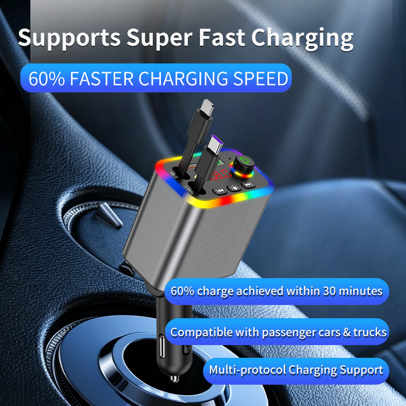 R4R6 Car Bluetooth MP3 Player comes with a retractable cable and supports fast charging for mobile phones, 2026 new model, foreign trade supply