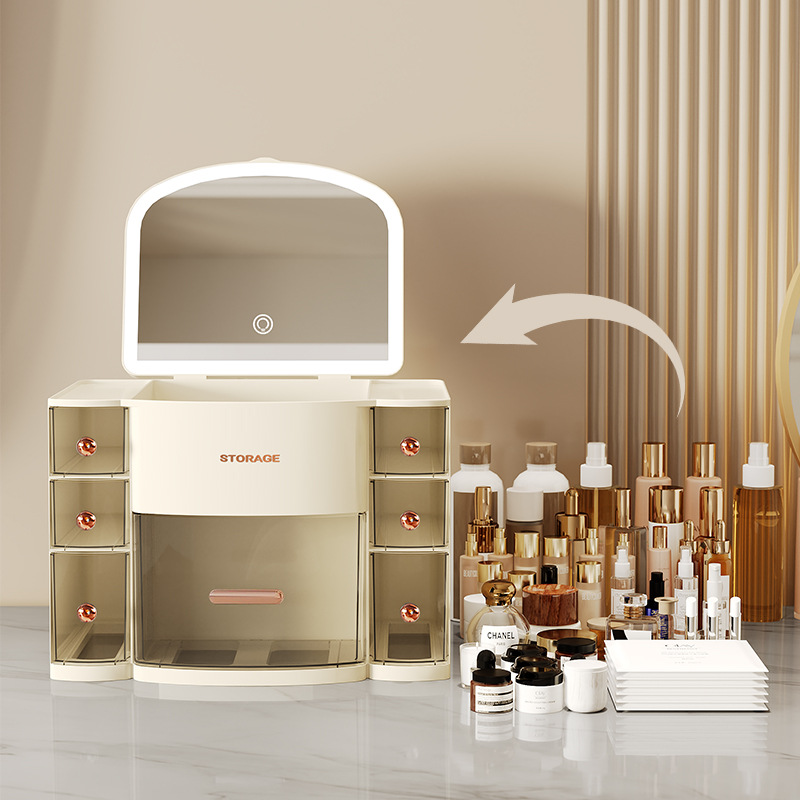 Caja de almacenamiento de cosméticos cajón multifuncional caja de almacenamiento de escritorio de gran capacidad con espejo estante de almacenamiento de alta calidad