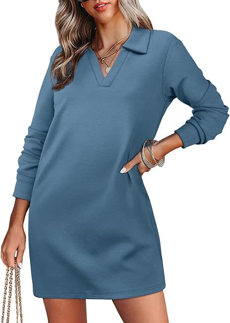 Women Clothing Collared Long Sleeve Casual Solid Color Sports Sweater Dress
