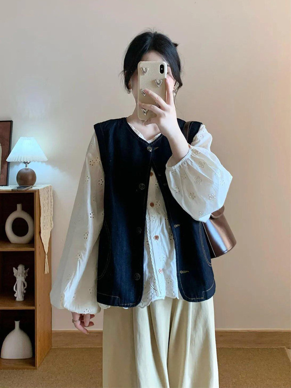 大码胖mm早秋季穿搭一整套女宽松遮肉衬衫马甲阔腿裤减龄三件套装|undefined