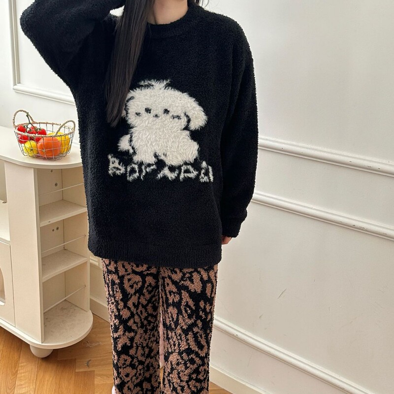 Uestudio American Retro Leopard Print Pajamas Imitation Mink Round Neck Women's Autumn and Winter Lazy Style Knitted Home Clothes for Women
