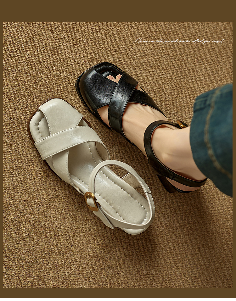 Sandal nữ da bò kiểu Pháp đế mềm thấp gót đi làm mùa hè — đen chi tiết 1