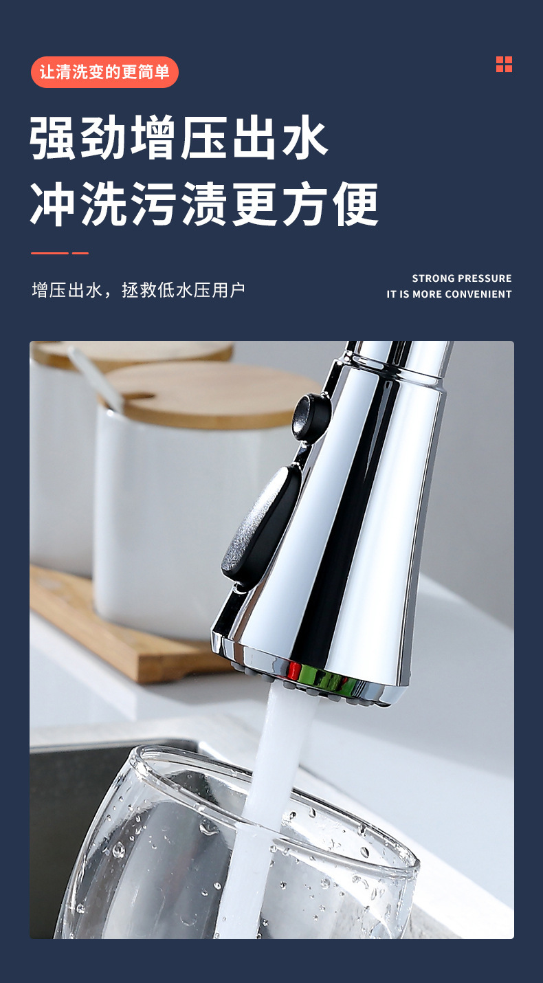 The kitchen faucet is equipped with a universal splash-proof head, a universal pressurized three-speed blade, and a 360-degree rotating bubbler for thorough cleaning without any blind spots undefined