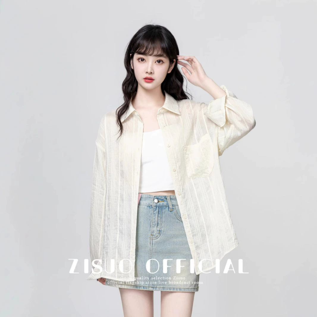 Абрикосовая солнцезащитная рубашка-куртка для женщин, весна-осень 2025, новая свободная верхняя тонкая рубашка с кондиционером, рубашка с длинными рукавами, топ