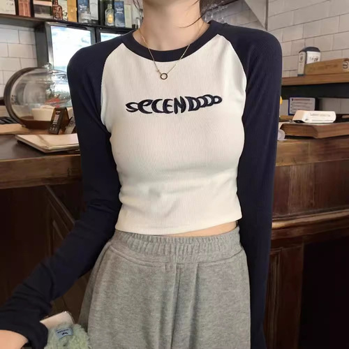 Women's Long Sleeve T-Shirt for Autumn/Winter, Letter Embroidered Tight Bodysuit, Pure Desire Fashion Trend, Teenage Color Block Top, Long Sleeve Lingerie