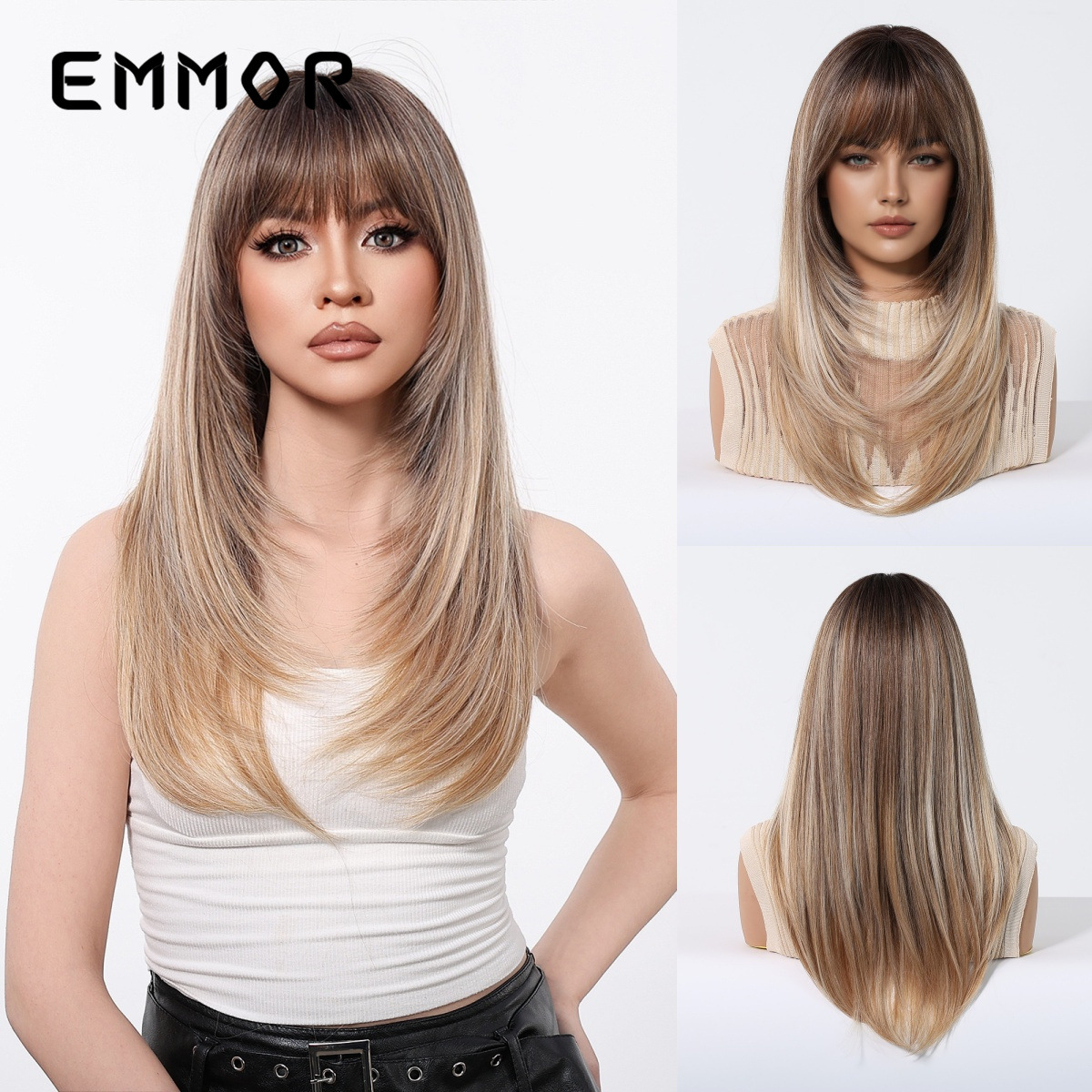 Venta caliente de comercio exterior Qi flequillo estratificado cabello liso de longitud media, corte de pelo castaño, peluca de moda, cabello completo, venta directa de fábrica