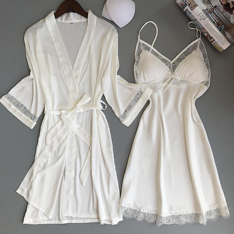 Foreign Trade Sexy Camisole Nightgown for Women, New Summer Style, Ice Silk Comfortable Bathrobe, Lace Trim Nightdress, Loungewear