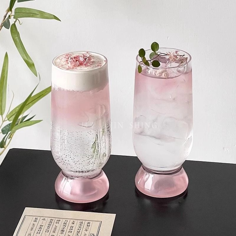 Niche Pink Mountain-View Glass Cup, High-Value Cocktail Cup, Tea Cup, Bubble Cup, Juice Cup, Creative Water Cup