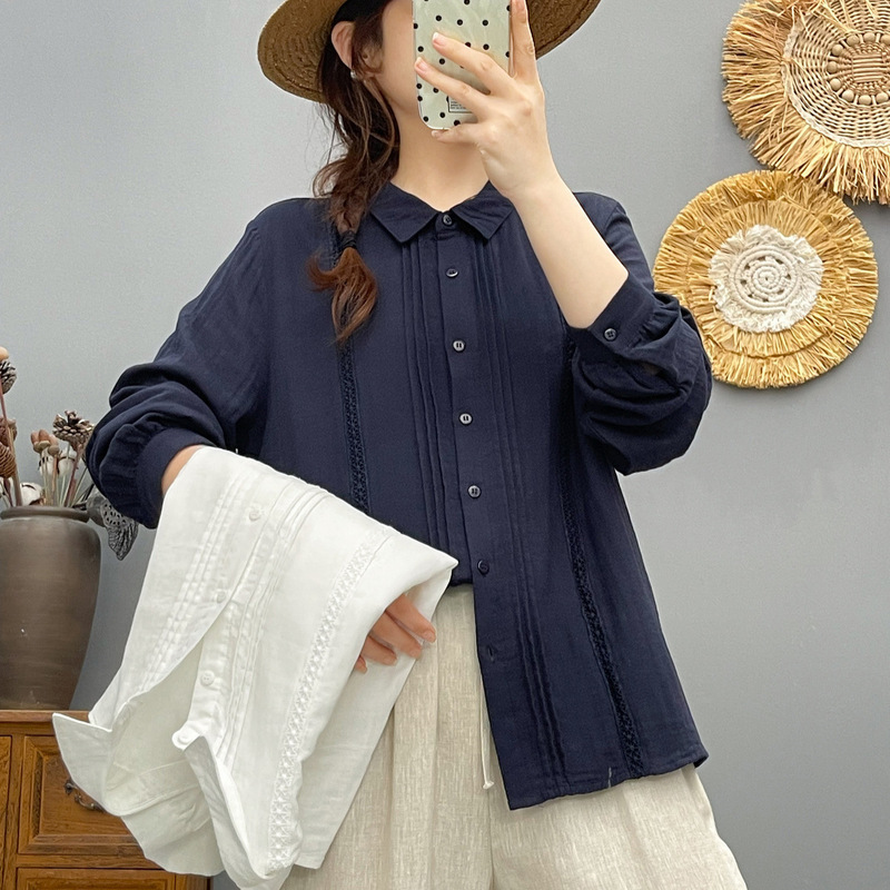 86268 Elegant Pointed Collar Accordion Lace Double-Layer Yarn Long-Sleeved Shirt Women's 2025 Autumn New Cotton Yarn Top 86268 Elegant Pointed Collar Accordion Lace Double-Layer Yarn Long-Sleeved Shirt Women's 2025 Autumn New Cotton Yarn Top