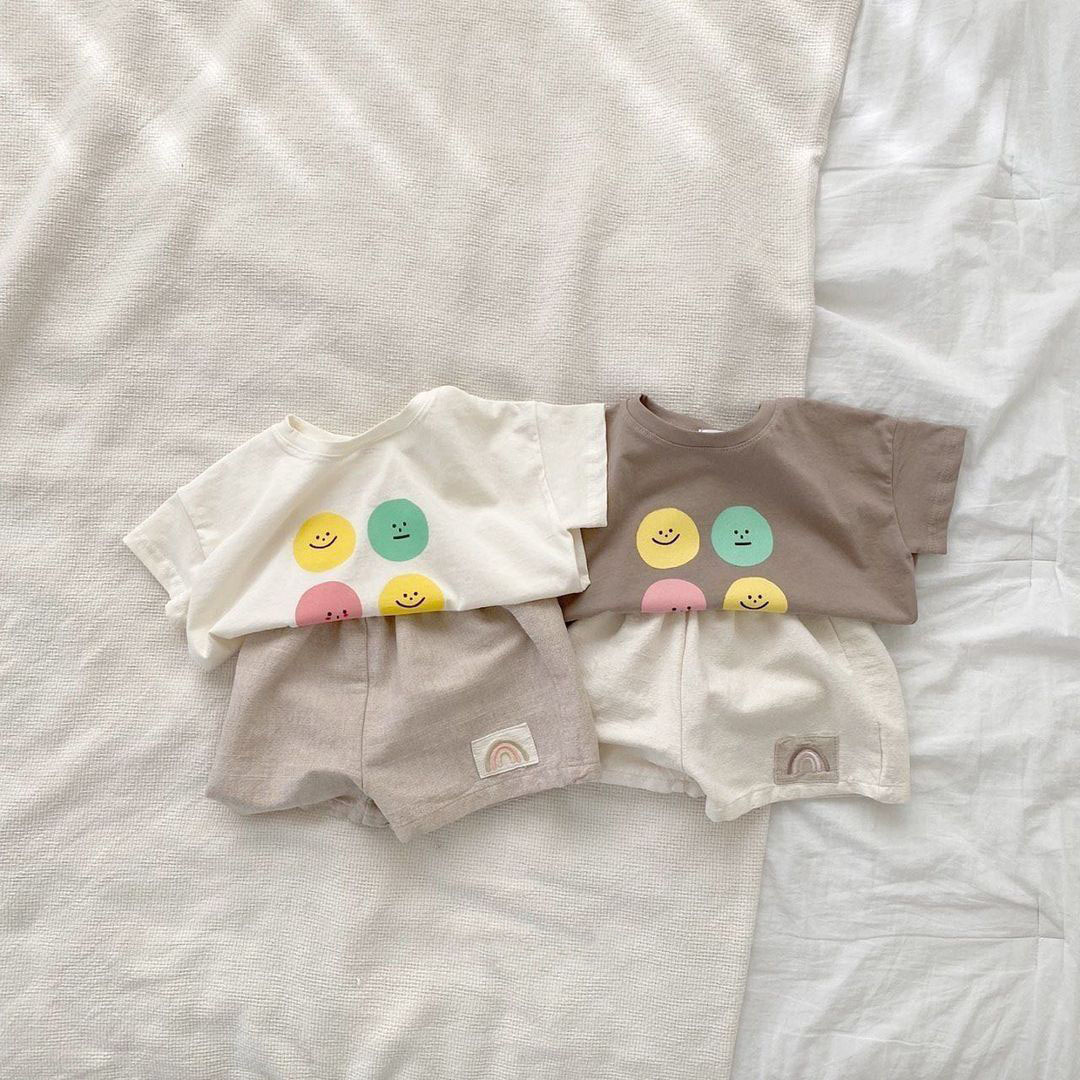 INS estilo coreano verano cuello redondo frijoles dibujos animados lindo impreso bebé manga corta Camiseta camisa de fondo del todo partido