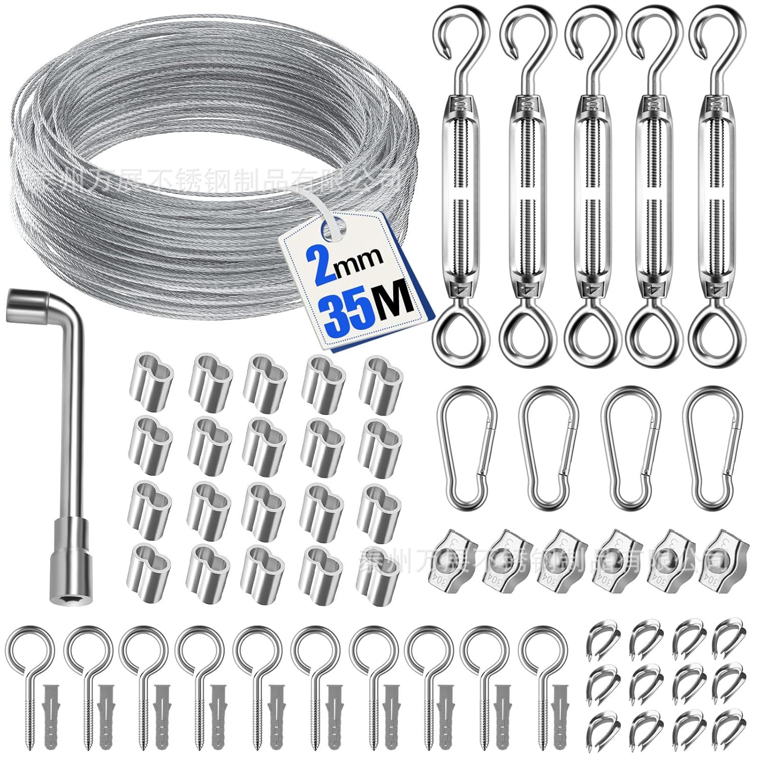 En stock de cable de acero inoxidable PVC recubierto cuerda de alambre de acero al aire libre luz colgante kit tensor de cuerda de gancho de resorte