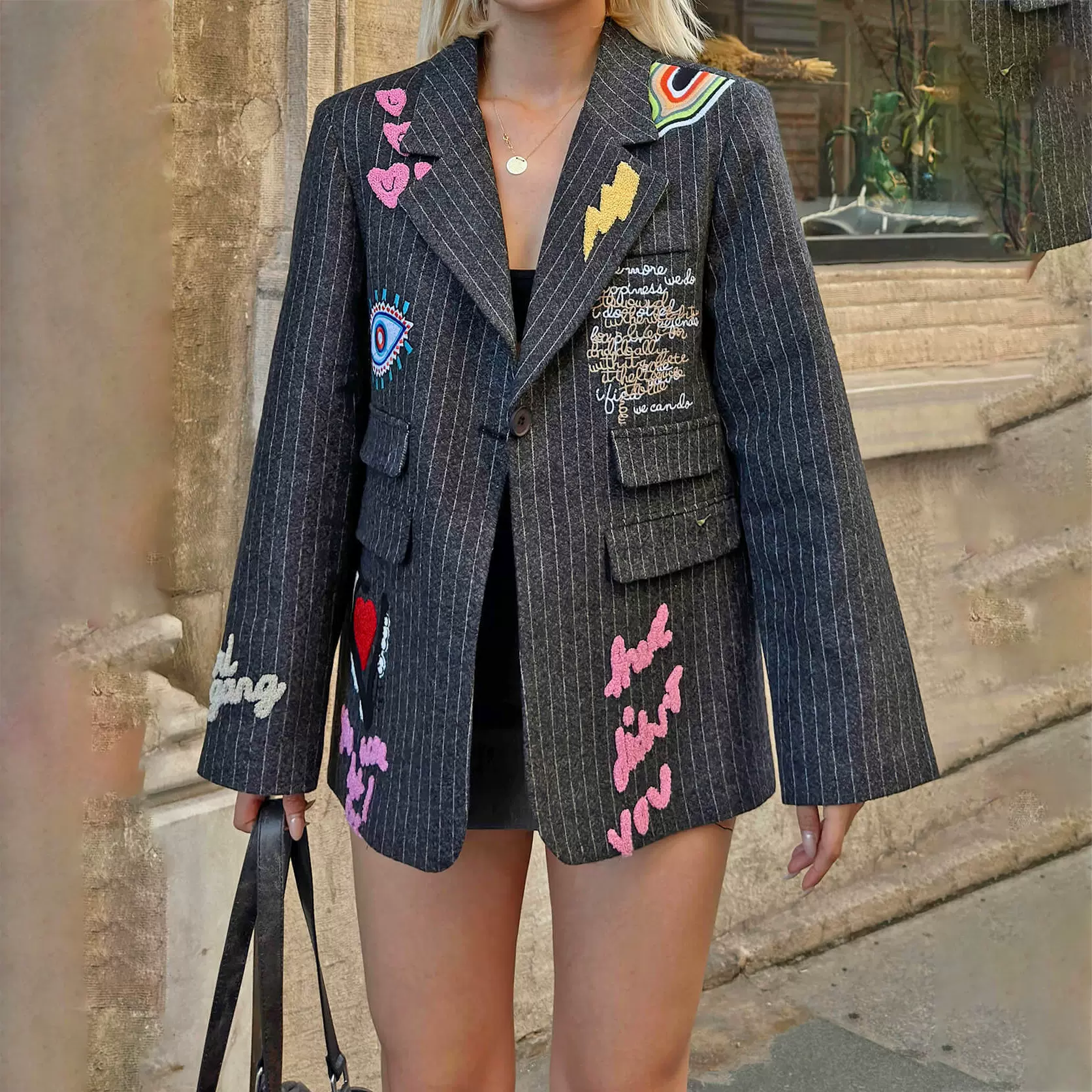 跨境高级感涂鸦拼贴复古休闲西装外套女春季新款宽松条纹西装批发