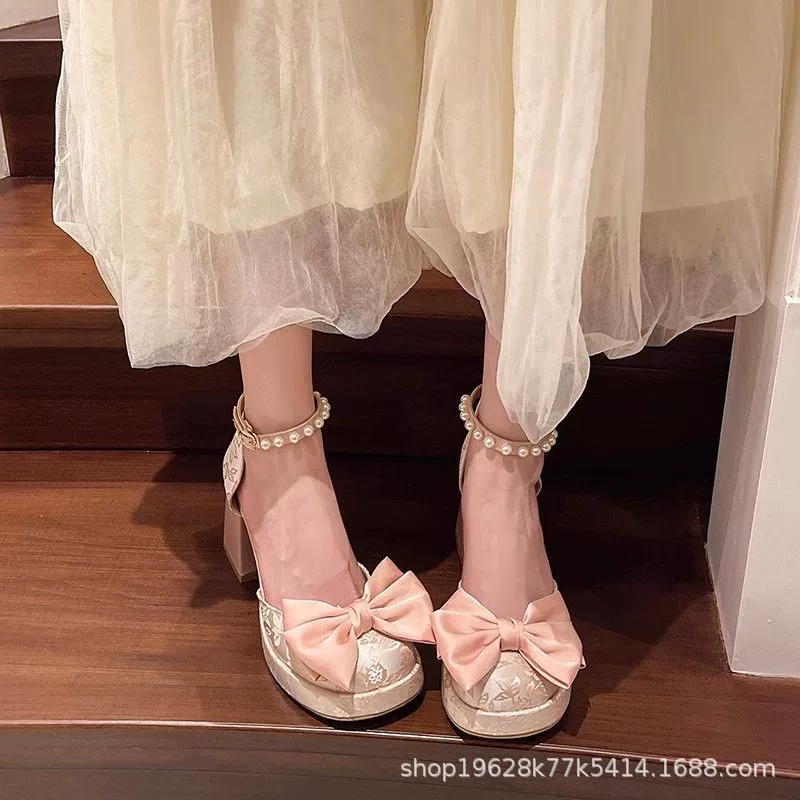 Французские босоножки на каблуках женские весенние 2024 новые банты Мэри Джейн на высоких каблуках темперамент фея одиночные туфли
