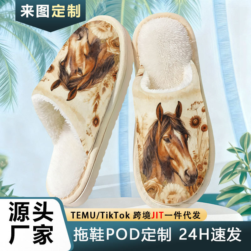 跨境专供热卖波西米亚马图案印花棉拖鞋男秋冬POD跨境JIT一件代发
