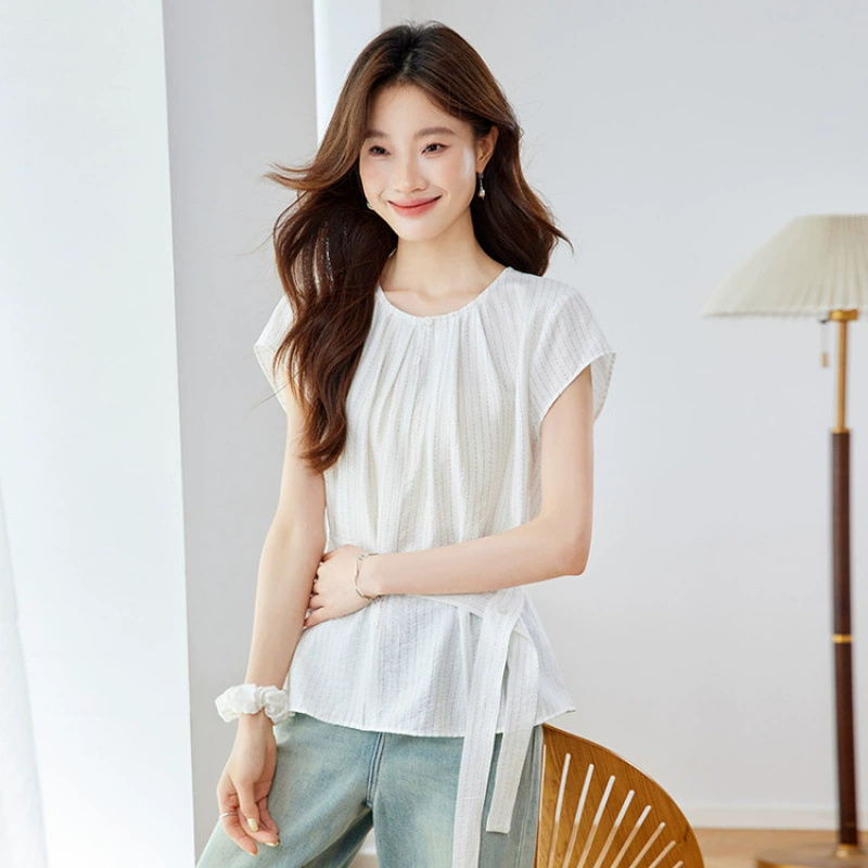 Женская тонкая рубашка с круглым вырезом на шнуровке, новая рубашка с короткими рукавами, летний топ с французской ретро-талией, новая мода 2025 года