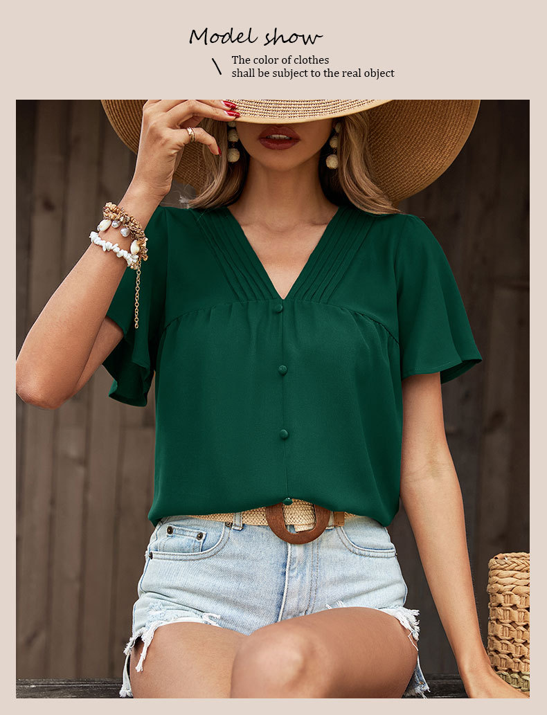 Solid Color V-neck Folds Shirt_voghion.com