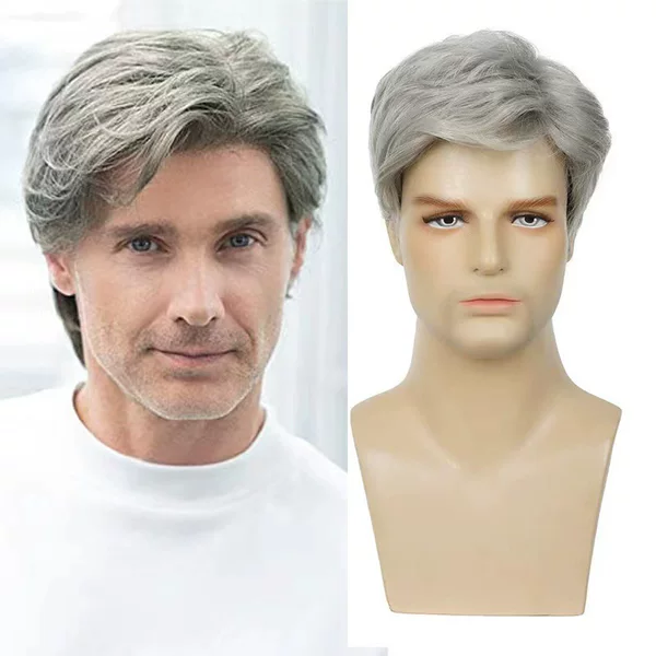 Cross-Border Exclusive Supply of Foreign Trade Wigs, Men's Gray Short Hair with Side Parting, High-Temperature Fiber, Fashionable Styling, Gray Men's Hair Wigs