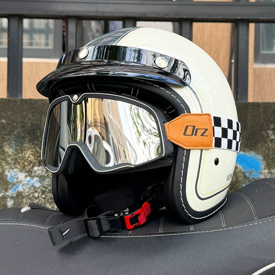 winter retro half helmet electric locomotive, Motosiklet dəbilqələri - m-ivory-white-and-gray-flower-language-retro-black-and-silver-goggles