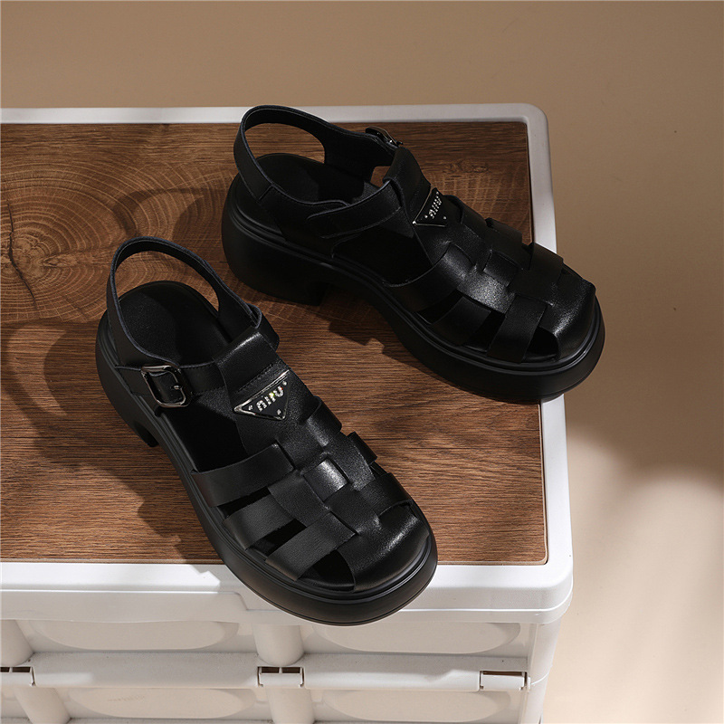 Sandal cao gót nữ da bò thật dệt mũi hở gót dày siêu nhẹ — 7176 màu đen, 7176m màu
