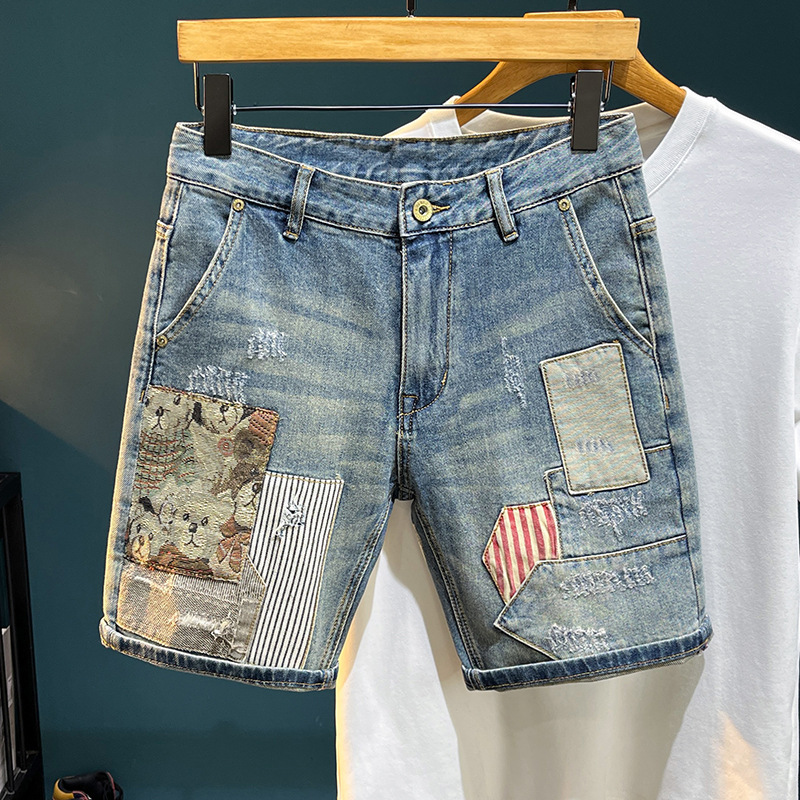 Jeans Ripped Men's Trendy Brand Elastic Slim Embroidered Patch Mid-Pants 2025 High Quality Ykk Zipper Jeans Jeans Ripped Men's Trendy Brand Elastic Slim Embroidered Patch Mid-Pants 2025 High Quality Ykk Zipper Jeans