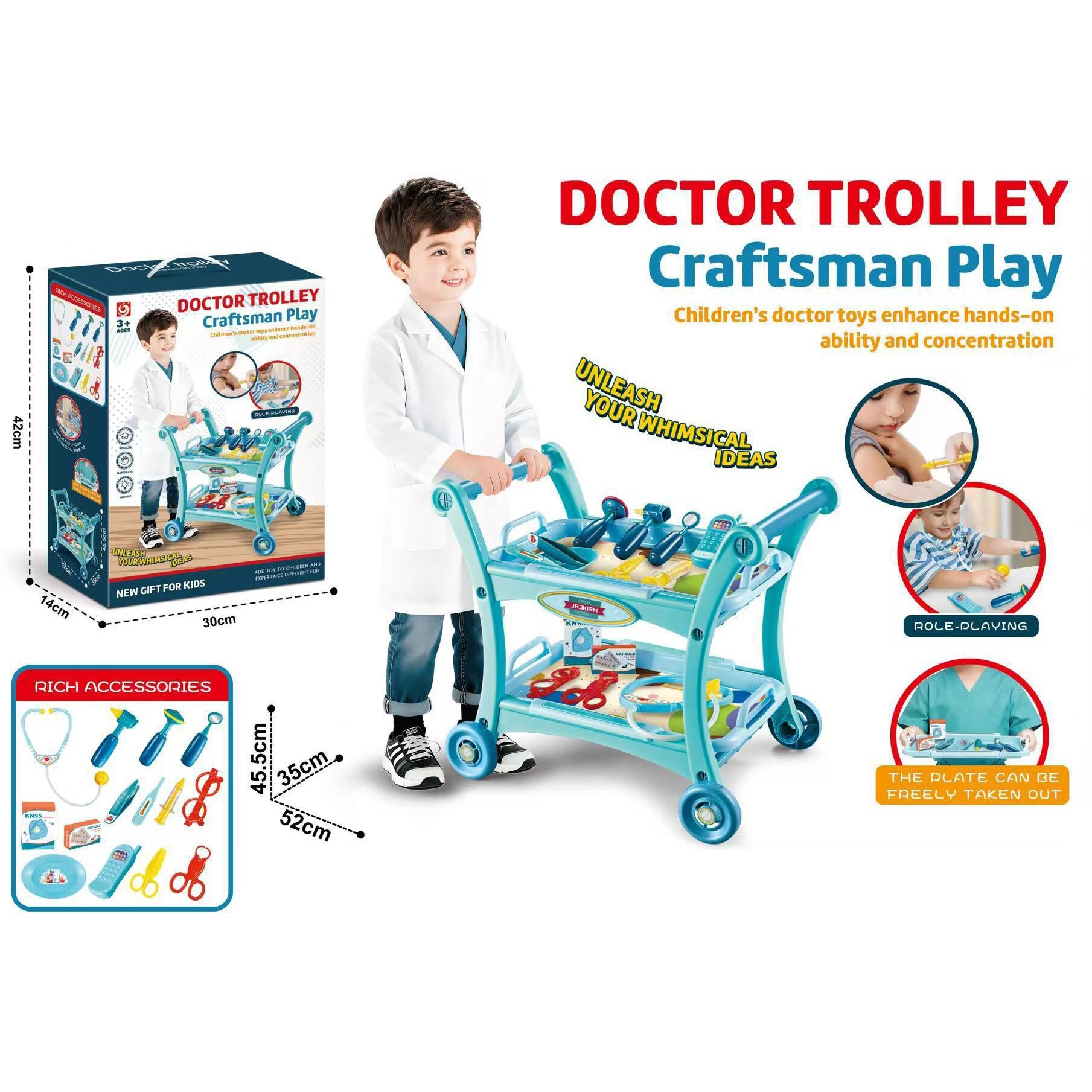 Cocina de simulación de niños transfronterizos, set de té de la tarde, herramientas de mantenimiento de la mesa de enfermería del médico, carro de casa