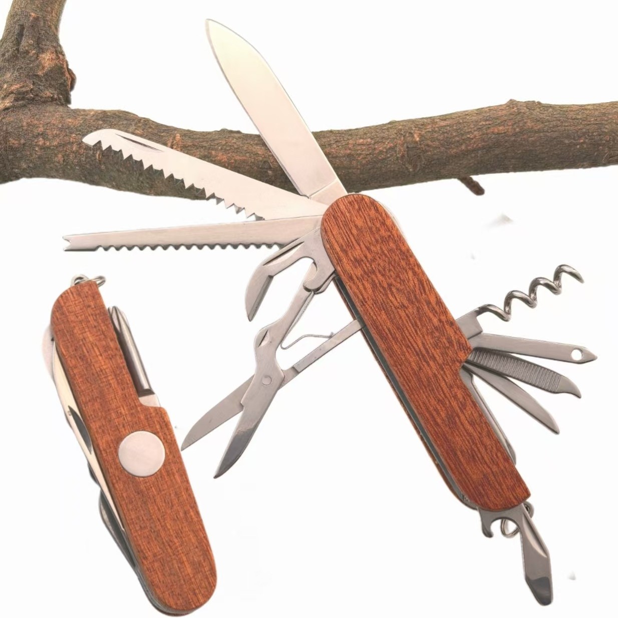 木柄多功能11开户外瑞士军刀随身携带折叠野营旅游防身水果刀便携