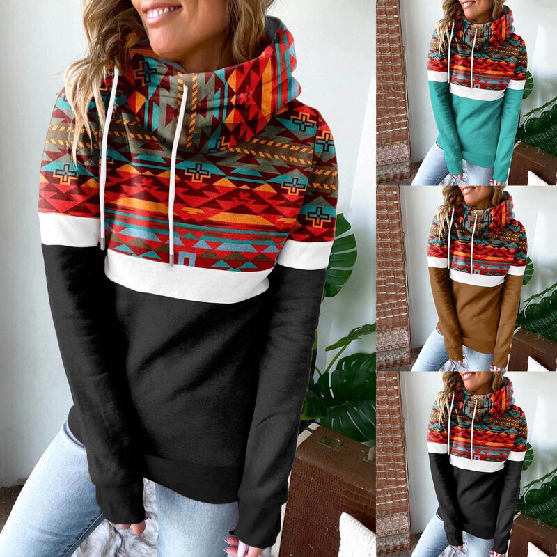 2023 autumn and winter European and American new warm scarf neck Aztec printed drawstring hoodie women's clothing