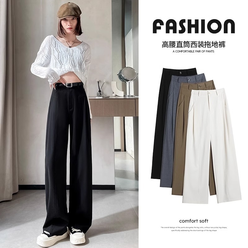 Trajes grises de alto nivel, pantalones de piernas largas, primavera de 2025, nuevos pantalones casuales de cintura alta y colgante.