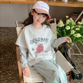 女童秋装长袖恤新款儿童女孩春秋打底衫秋季假两件条纹上衣