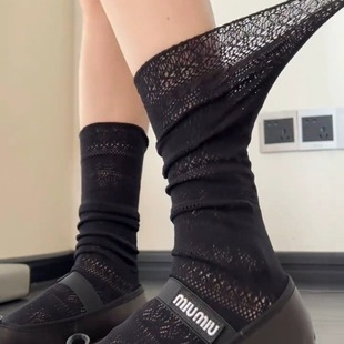 Socks Women's Summer Thin Super Elastic Lace Stacked Socks Hollow Mesh Hollow Small Leg Socks Slimming Straight Leg Sweet Style