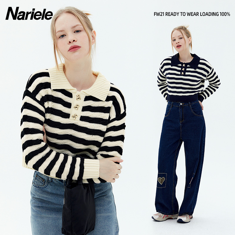 HeyHenry 小熊紐扣設計感翻領條紋長袖上衣落肩袖顯瘦針織衫線衫