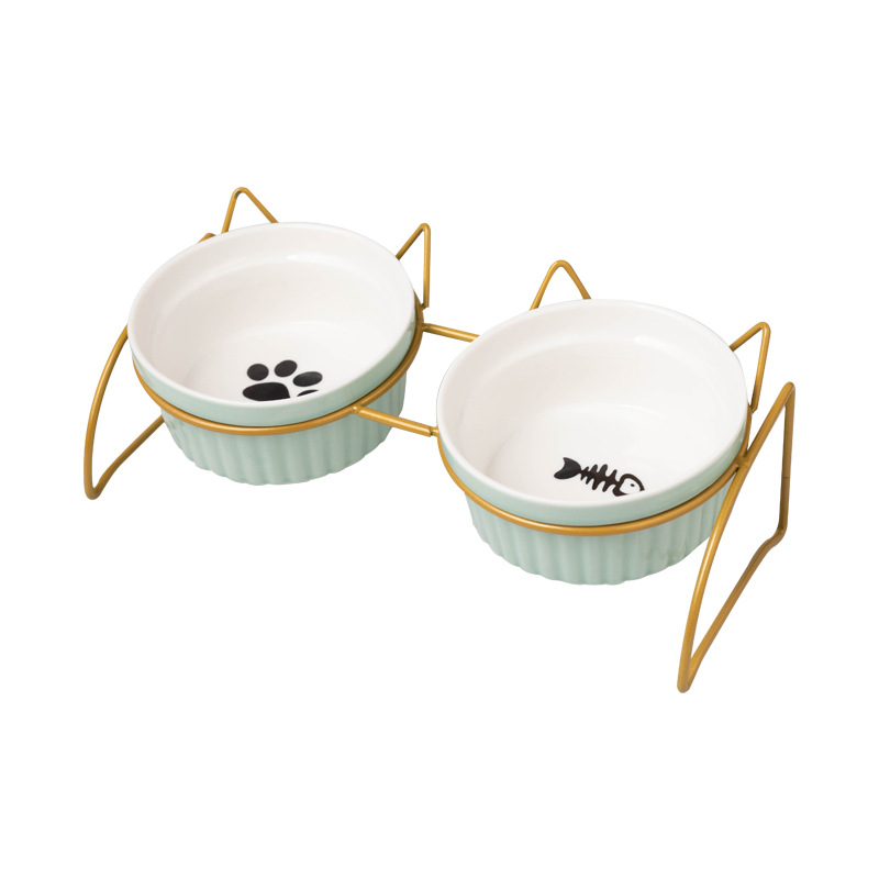 Fábrica al por mayor de cerámica gato comida tazón cuello protección diseño bebedero gato arroz tazón doble tazón antidetonante perro tazón de comida