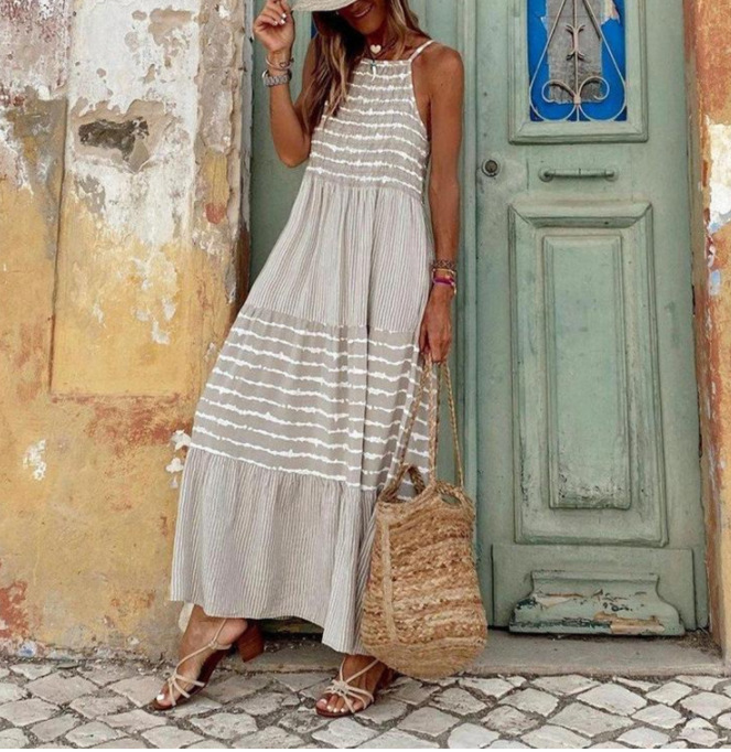 Polyester Fabric Type Mid Waist Waist Line Daily, Beach Occasion Wholesale Women's Streetwear Stripe Daily Beach Halter Neck Sleeveless Swing Dress