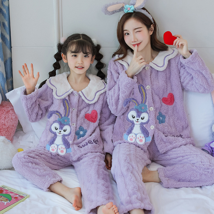 Pajamas para padres e hijos niñas de franela otoño e invierno espesar coral terciopelo dibujos animados niñas ropa para el hogar set madre e hija