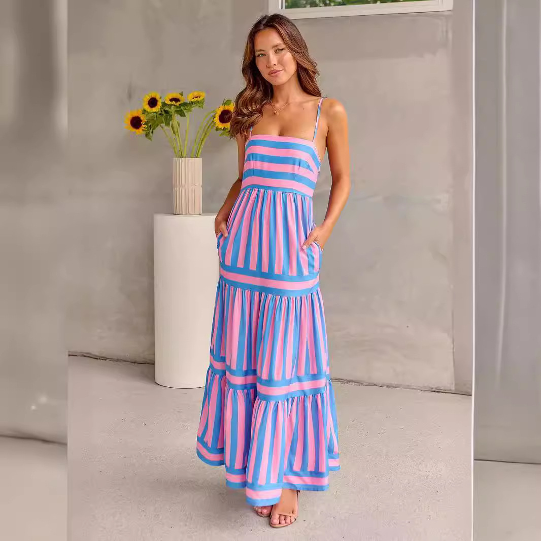 Women's Clothing new women's clothing positioning printing suspenders backless pocket large swing dress female_mkmklike.com