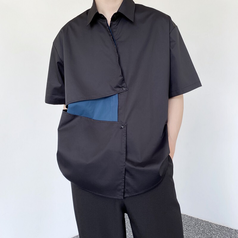 Dark Design Sense Irregular Stitching Contrast Color Cutting Sense Short Sleeve Shirt Men's Asymmetric Deconstruction Sense Shirt Jacket Dark Design Sense Irregular Stitching Contrast Color Cutting Sense Short Sleeve Shirt Men's Asymmetric Deconstruction Sense Shirt Jacket