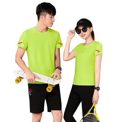 情侶装现货新款夏天印花男短袖短裤 女上衣七分裤青年运动跑步服|ru