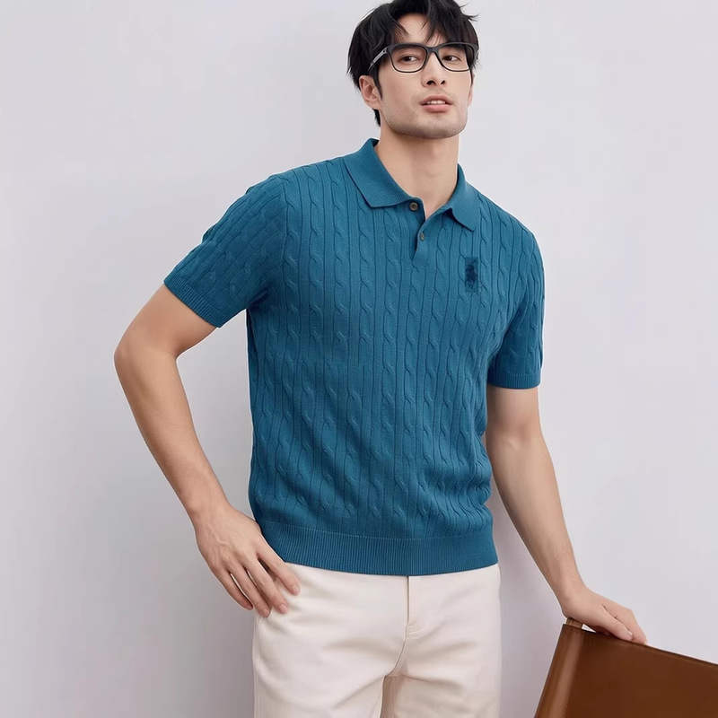 Ralph Lauren Polo Shirt for Men with Qr Code, Rl Small Pony Logo Embroidered Knit Sweater for Men, Short-Sleeve Cable Knit T-Shirt