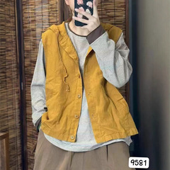 CO  2025秋韩版宽松减龄砂洗亚麻连帽马甲百搭休闲无袖上衣女9581